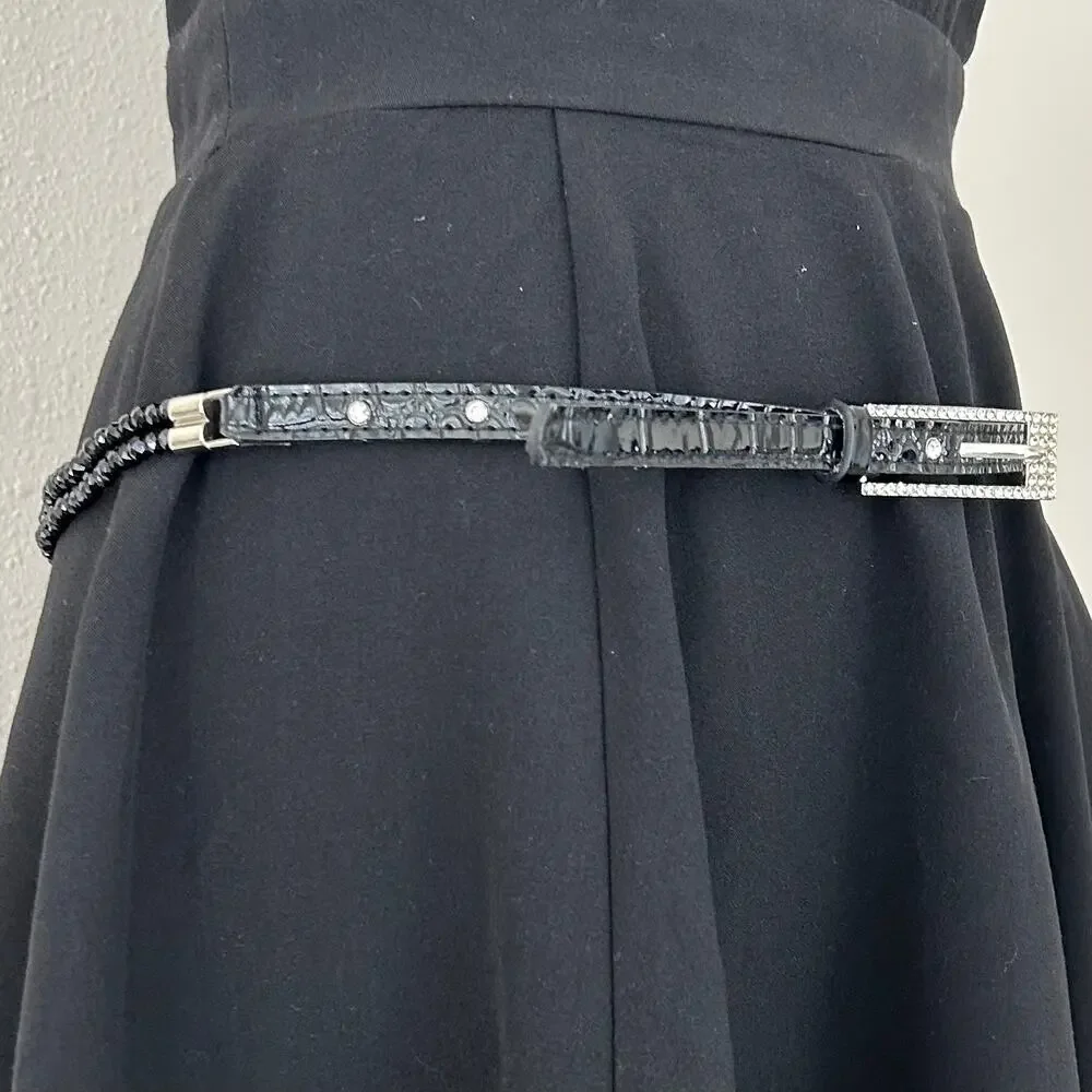 Vintage Black Beaded & Croc Embossed leather Skinny Belt fairy western glam 34